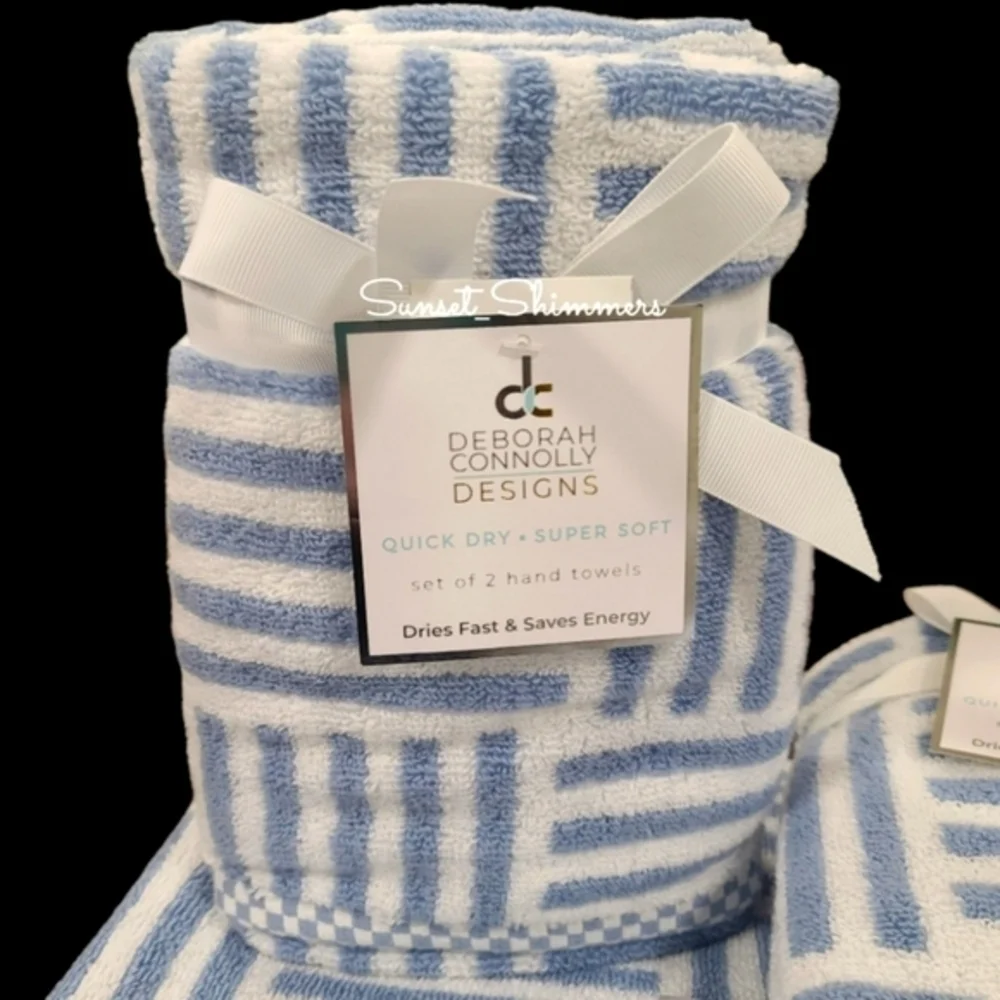 6pc Blue & White Nautical Stripe BATH Hand Tip Towel Set Deborah Connolly New